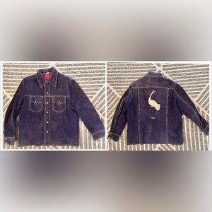 UNBRANDED 60s 70s Vintage Blue Suede Jacket Embroidered Crane in Back Size 48